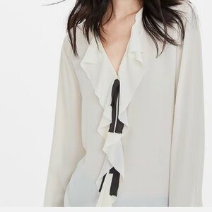 Banana Republic Cream Ruffle V-Neck Blouse with Black Tie Detail